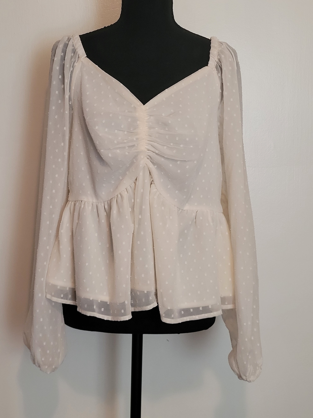 Japna Cream Ivory Dot Peplum Long-Sleeve Blouse